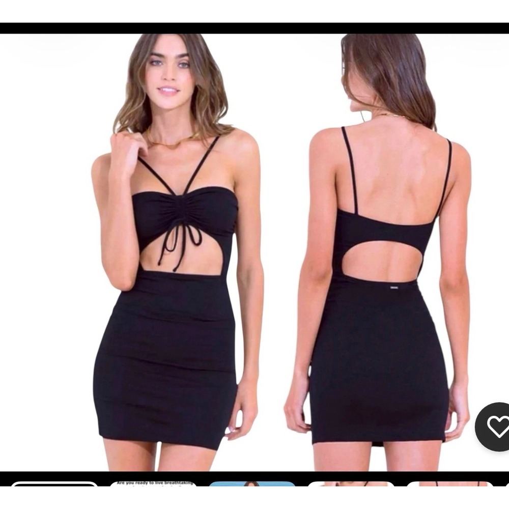 Maaji Black Ribbed Cutout Mini Dress Ruched Front Open Back Size L